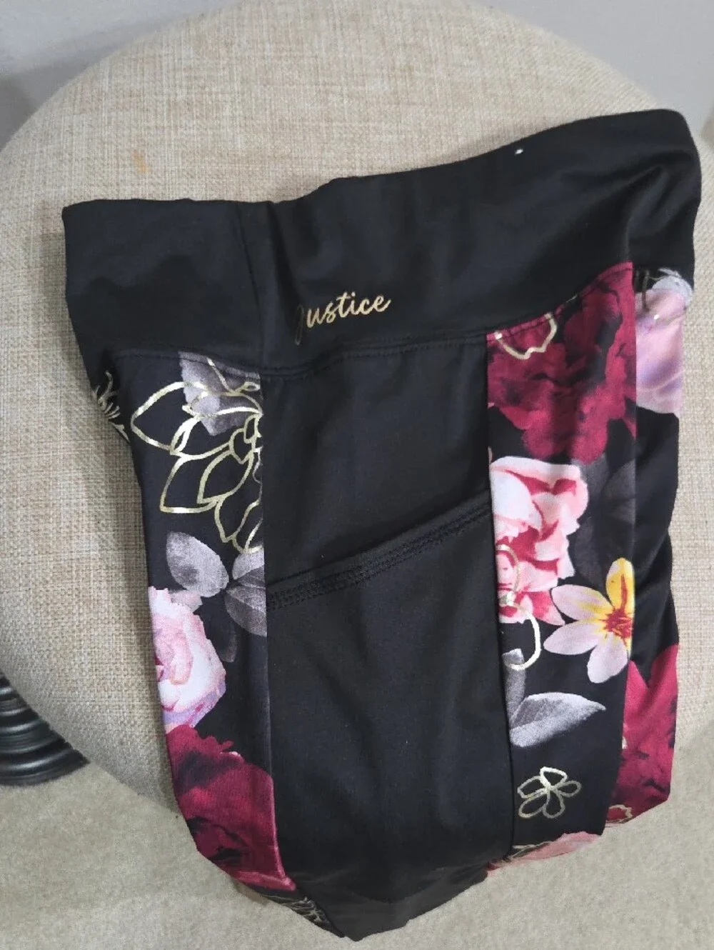 Justice Black Floral Leggings with Pink & Burgundy Flowers